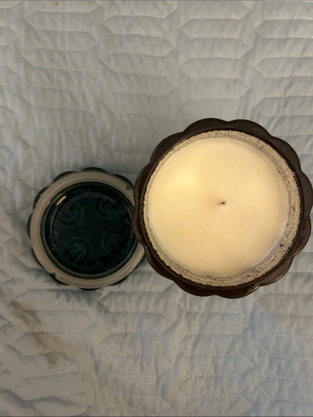 Speckled Mercury Glass Candle Holder with Teal Rim Coconut Milk Mango scent